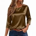 thumbnail image 1 of Hearthz Womens Silk Satin Tops 3/4 Length Sleeve Shirts Round Neck Loose Casual Blouses Business Work Dressy Tshirts Outfits,Coffee S, 1 of 6