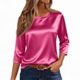 thumbnail image 1 of Hearthz Womens Silk Satin Tops 3/4 Length Sleeve Shirts Round Neck Loose Casual Blouses Business Work Dressy Tshirts Outfits,Pink XL, 1 of 6