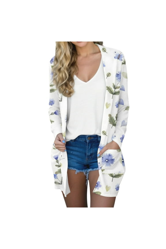 Womens Sweaters Cardigan Long Sleeve 0pen Front Kimono Cardigans Women Summer Flower Fall Long Cardigan with Pockets