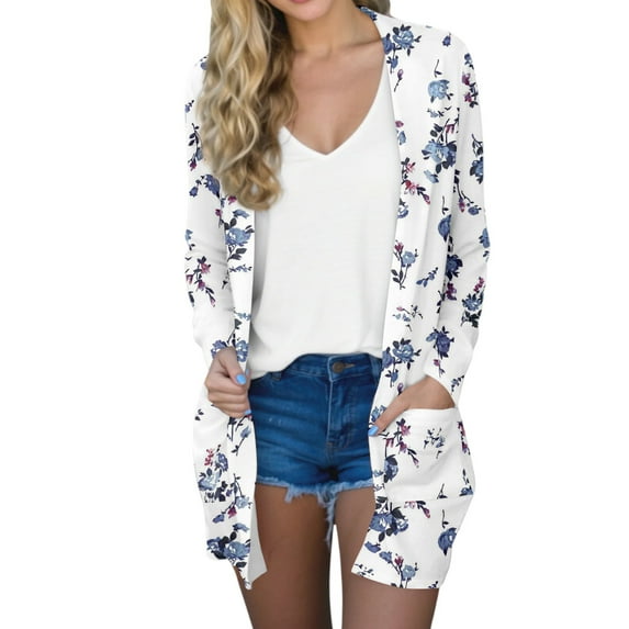 Hearthz Womens Sweaters Cardigan Long Sleeve 0pen Front Kimono Cardigans for Women Flower Fall Long Cardigan with Pockets