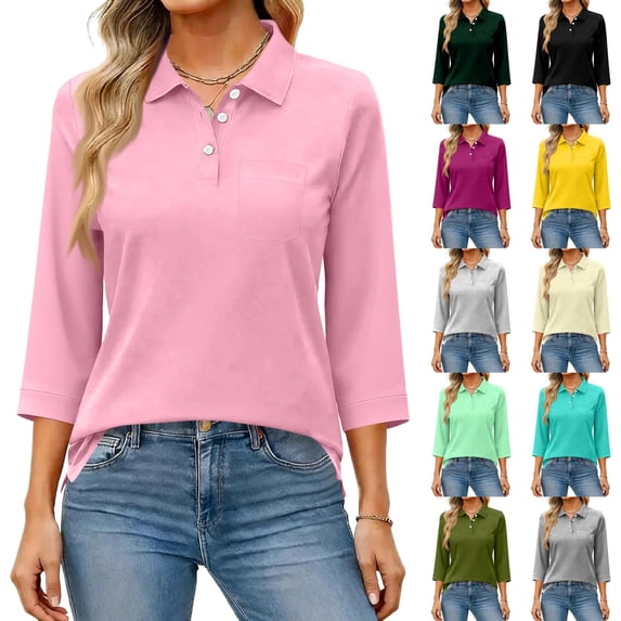 Hearthz Womens Tops 3/4 Sleeve Polo Shirts Buttons Collared Tennis Tops UPF 50+ Sun Protection Golf Shirt Work Tops Beige XXL