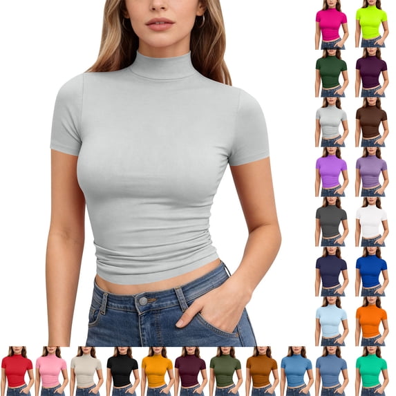 Hearthz Womens Tops Mock Neck Short Sleeve Fitted Womens Basic Tops Solid Color Stretchy Slim Fit Layering Tops Khaki XXL