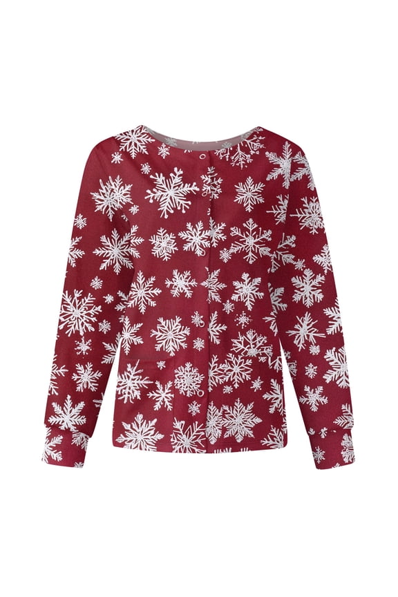 Womens Uniform Scrub Tops Christmas Long Sleeve Nurse Uniforms Snap Front Warm Up Scrub Tops Women Stretchy with Pockets