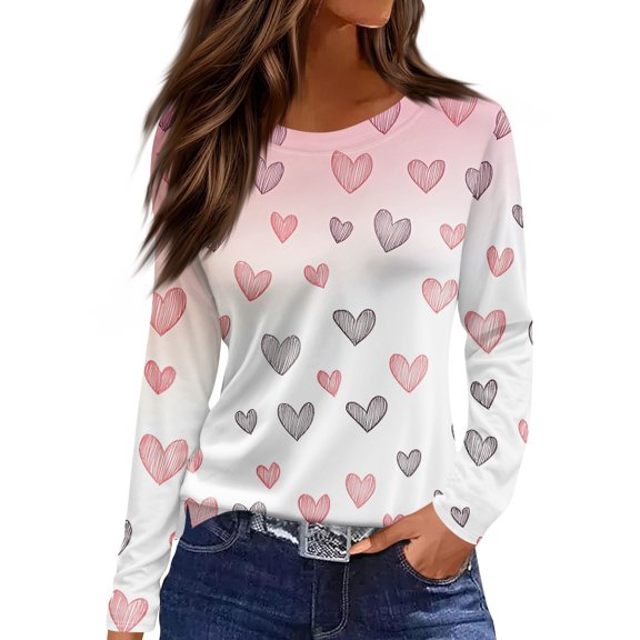 Hearthz Womens Valentines Day Shirt Crewneck Funny Love Heart Graphic Women’s Long Sleeve Shirt Holidays Spring Women Tops