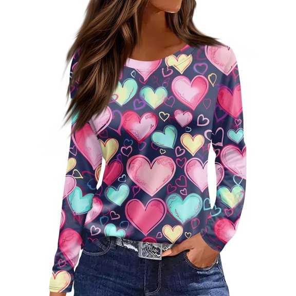 Hearthz Womens Valentines Day Shirt Round Neck Funny Love Heart Graphic Women’s Long Sleeve Shirt Holidays Spring Women's Top