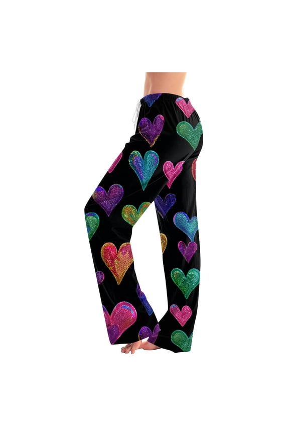 Womens Valentines Pajama Pants Love Heart Pattern Sleep Pants Women Spring Drawstring Straight Leg Women Lounge Pants