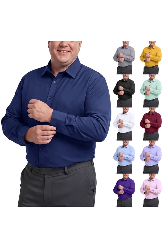 XL-8XL Big & Tall Button Down Mens Shirt Wrinkle Free Long Sleeve Dress Mens T-Shirts Solid Business Casual Mens Work Shirts Pink XL