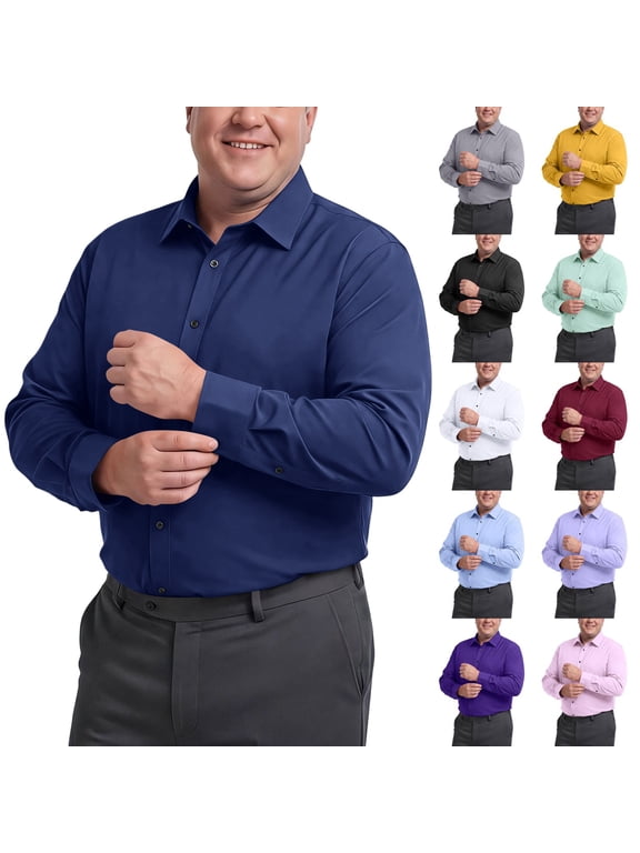 XL-8XL Big & Tall Button Down Shirts for Men Wrinkle Free Long Sleeve Dress Tshirts Shirts for Men Solid Business Casual Work Shirts for Men Black 4XL
