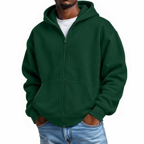 Hearthz Zip Hoodies for Men Dark Green Long Sleeve Drop Shoulder Sweatshirt for Men Oversized Y2k Trendy Streetwear Zipper Men's Sweatshirts Hoodies