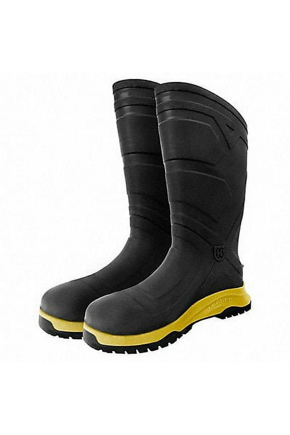 Men's Leader ENS Rubber Boot, Steel Toe, 15 in Height, Black/Yellow, 7