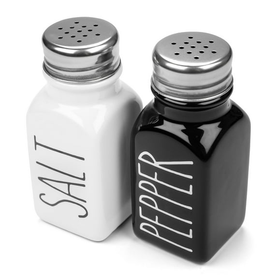 Heartland Home Ceramic Salt and Pepper Shakers Set with Extra Lids. 100% Stoneware Salt and Pepper Shaker Set. Black Pepper and White Salt Shaker with Lid x4. Farmhouse Kitchen Salt Pepper Shaker Set