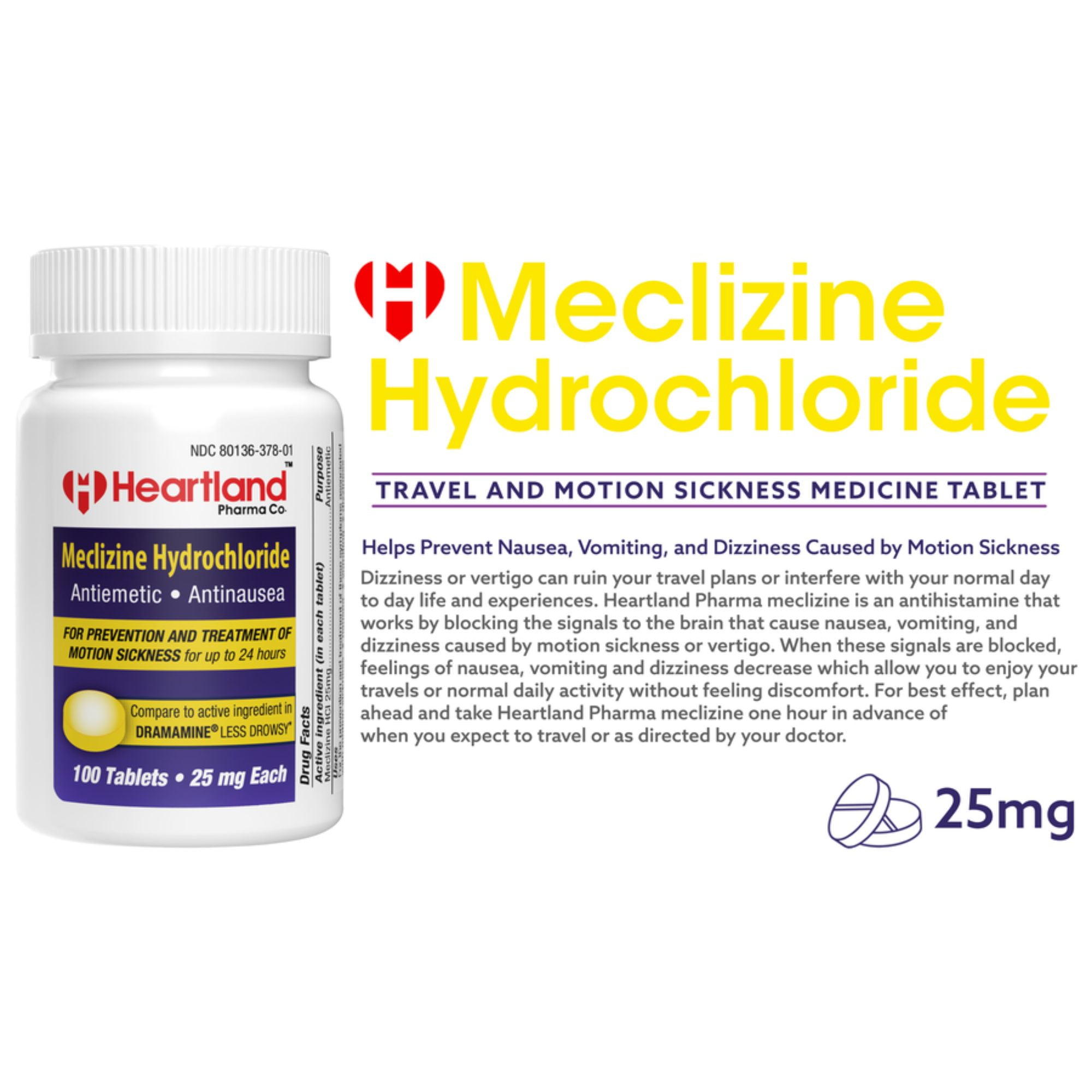 Heartland Pharma Meclizine 25mg Travel Sickness and Motion Sickness