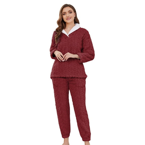 Heartnice Fluffy Pajamas set for Women Fleece Pullover 2 Piece Pjs Set Soft Plush Sleepwear Winter Loungewear(Burgundy, S）