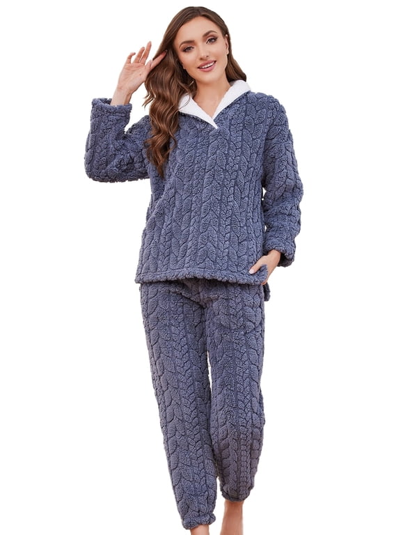 Fluffy Pajamas set for Women Fleece Pullover 2 Piece Pjs Set Soft Plush Sleepwear Winter Loungewear(Dark Grey, M)
