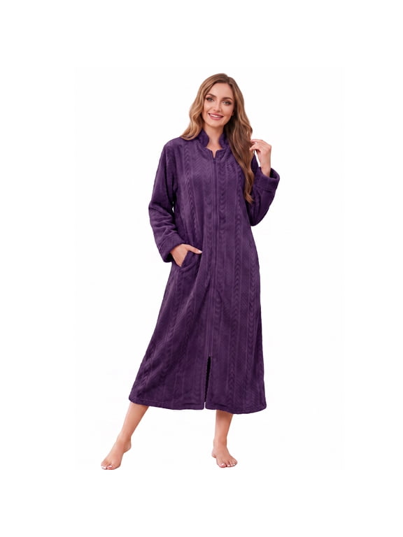Women Plush Zipper Robe, Long Fleece House Coat Nightgown with Pockets Solid Bathrobe (Dark Purple, L/XL)