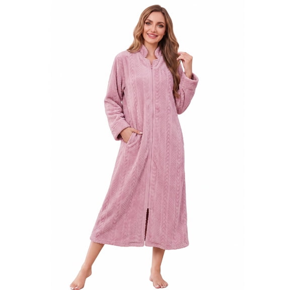 Heartnice Women Plush Zipper Robe, Long Fleece House Coat Nightgown with Pockets Solid Bathrobe (Light Pink, L/XL)