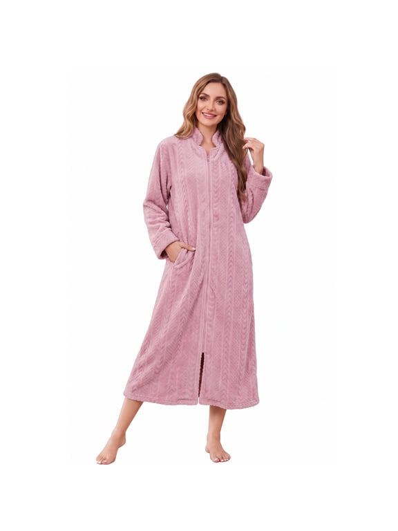 Women Plush Zipper Robe, Long Fleece House Coat Nightgown with Pockets Solid Bathrobe (Light Pink, L/XL)