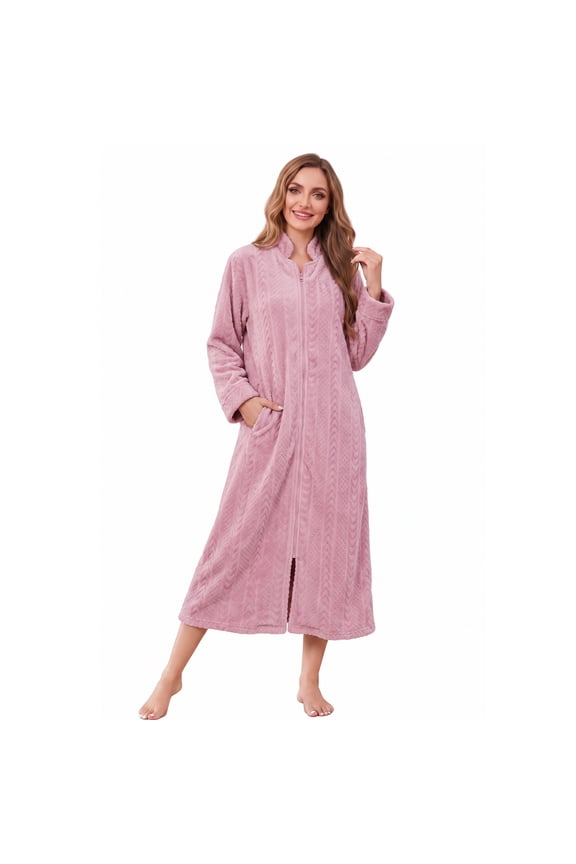Women Plush Zipper Robe, Long Fleece House Coat Nightgown with Pockets Solid Bathrobe (Light Pink, L/XL)