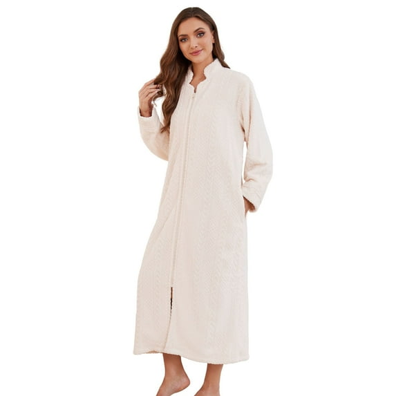 Heartnice Women Plush Zipper Robe, Long Fleece House Coat Nightgown with Pockets Solid Bathrobe (White, S/M)