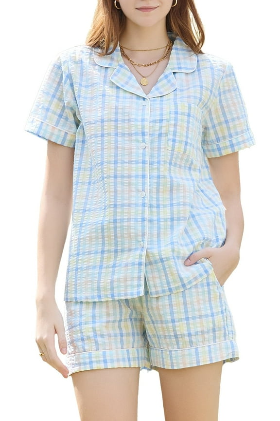 Women's 100% Cotton Gingham Plaid Short Pajama Set Cute 2 Piece Casual Lounge Wear Pj Sets(Blue Green Plaid, L)