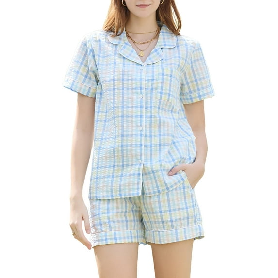 Heartnice Women's 100% Cotton Gingham Plaid Short Pajama Set Cute 2 Piece Casual Lounge Wear Pj Sets(Blue Green Plaid, S)