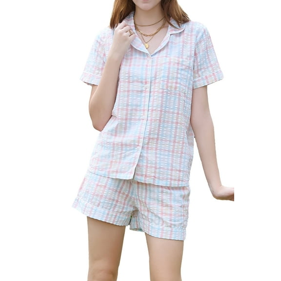 Heartnice Women's 100% Cotton Gingham Plaid Short Pajama Set Cute 2 Piece Casual Lounge Wear Pj Sets(Pink Green Plaid, L)