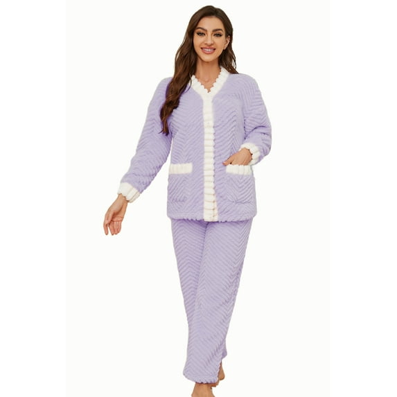 Heartnice Women's Plush Fleece Pajama Set,Soft Cozy Pajama for Women Warm Sleepwear Lounge PJS(Lavender+White, 2XL)