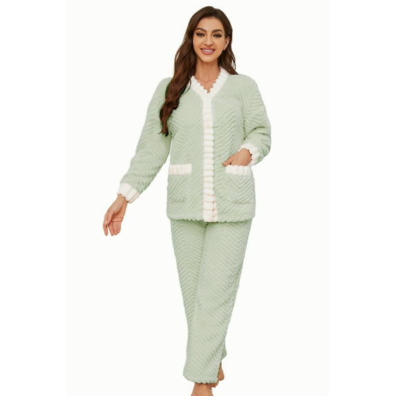 Heartnice Women's Plush Fleece Pajama Set,Soft Cozy Pajama for Women Warm Sleepwear Lounge PJS(Light Green+White, S)