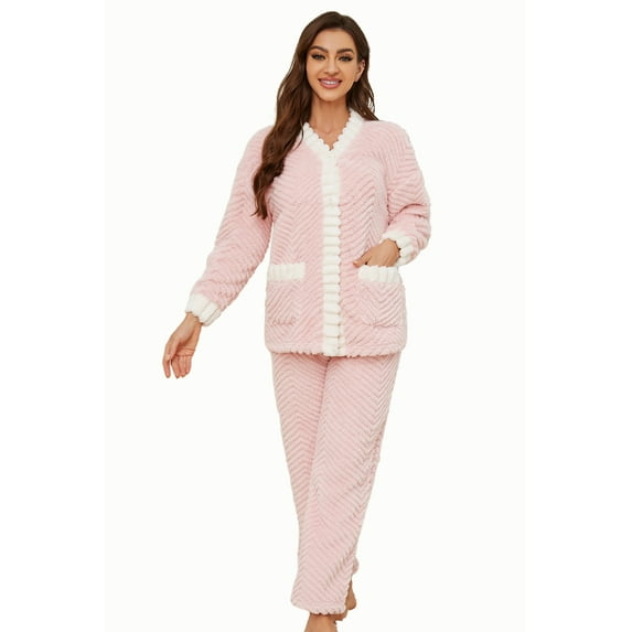 Heartnice Women's Plush Fleece Pajama Set,Soft Cozy Pajama for Women Warm Sleepwear Lounge PJS(Pink+White, S)