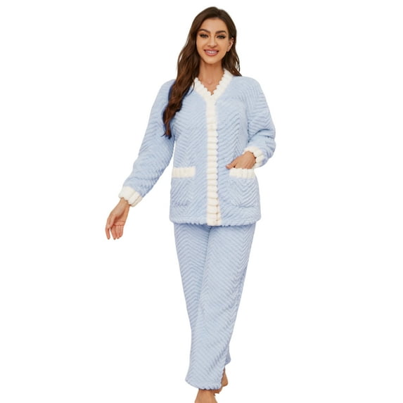 Heartnice Women's Plush Fleece Pajama Set,Soft Cozy Pajama for Women Warm Sleepwear Lounge PJS(Light Blue+white, 2XL)