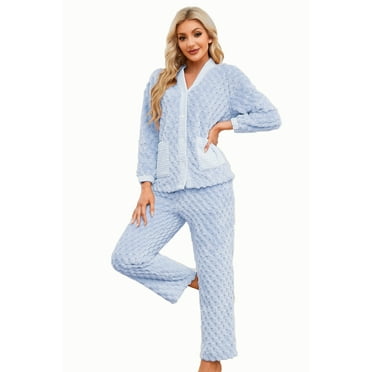 Heartnice Womens Fleece Cute Pajama Set, Soft Warm Pjs for Women 2 Piece Fluffy Sleepwear Plush Pajamas Button Down（Light Blue，M）