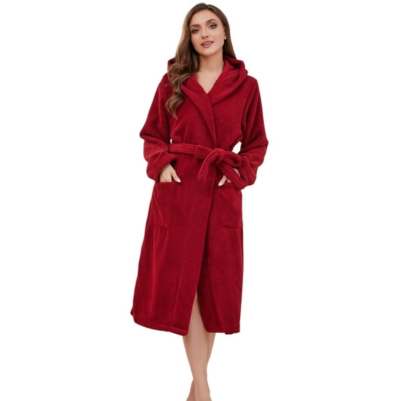 Heartnice Womens Fleece Hooded Robe, Soft Warm Bathrobe for Women Long Plush Loungewear（Burgundy, 2XL/3XL）