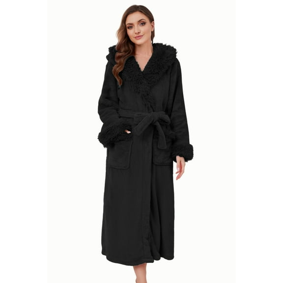 Heartnice Womens Hooded Plush Long Robe, Soft Warm Fleece Bathrobe for Women Fluffy Cute Spa Robe（ Black, S/M）