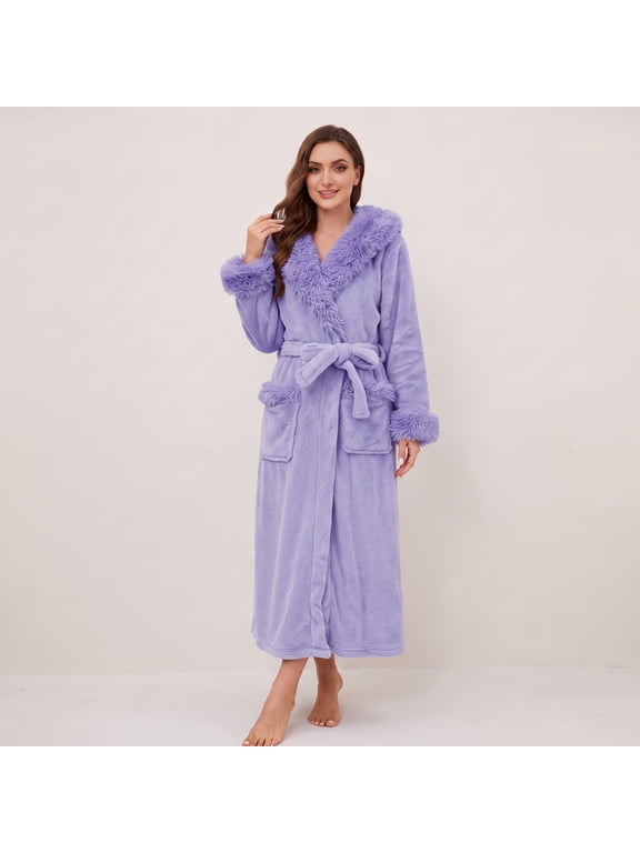 Womens Hooded Plush Long Robe, Soft Warm Fleece Bathrobe for Women Fluffy Cute Spa Robe( Lavender, S/M)