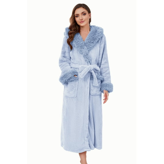 Heartnice Womens Hooded Plush Long Robe, Soft Warm Fleece Bathrobe for Women Fluffy Cute Spa Robe( Light Blue, S/M)