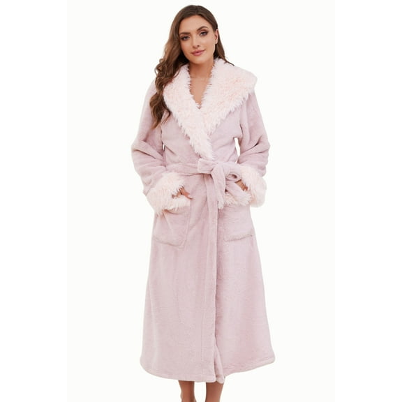 Heartnice Womens Hooded Plush Long Robe, Soft Warm Fleece Bathrobe for Women Fluffy Cute Spa Robe（ Light Pink, 2XL/3XL）