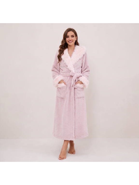 Womens Hooded Plush Long Robe, Soft Warm Fleece Bathrobe for Women Fluffy Cute Spa Robe( Light Pink, S/M)