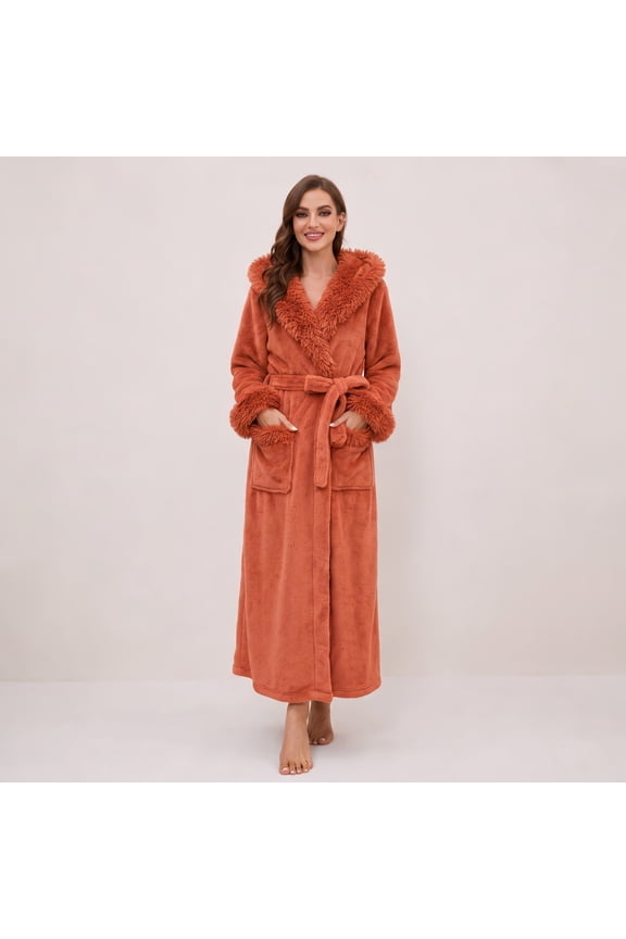 Womens Hooded Plush Long Robe, Soft Warm Fleece Bathrobe for Women Fluffy Cute Spa Robe(Orange Red, S/M)