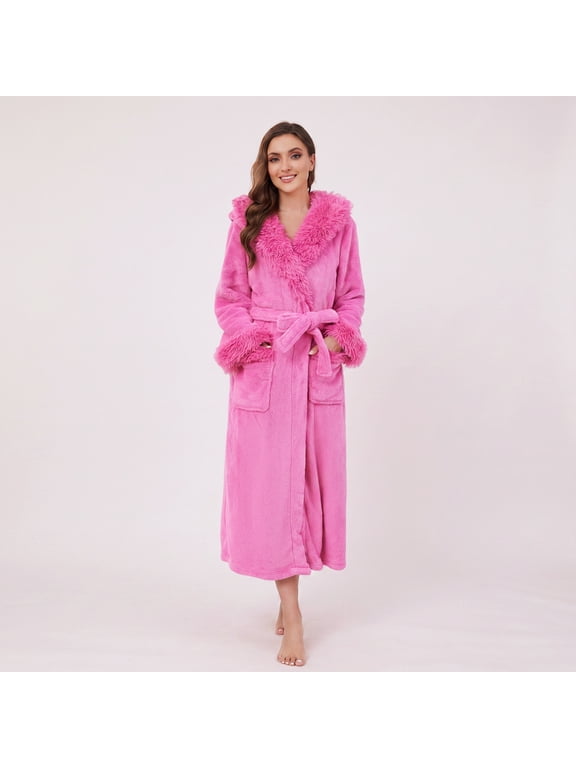 Womens Hooded Plush Long Robe, Soft Warm Fleece Bathrobe for Women Fluffy Cute Spa Robe( Rose, L/XL)