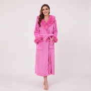 Heartnice Womens Hooded Plush Long Robe, Soft Warm Fleece Bathrobe for Women Fluffy Cute Spa Robe  Rose, S/M