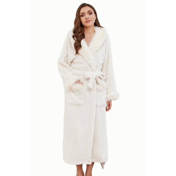 Heartnice Womens Hooded Plush Long Robe, Soft Warm Fleece Bathrobe for Women Fluffy Cute Spa Robe（ White, S/M）