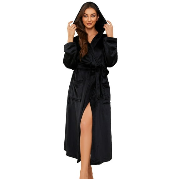 Heartnice Womens Long Hooded Fleece Robe, Soft Warm Spa Bathrobe for Cozy Lightweight Loungewear (Black, L/XL)