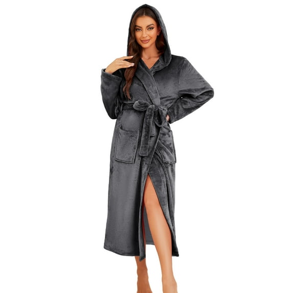 Heartnice Womens Long Hooded Fleece Robe, Soft Warm Spa Bathrobe for Cozy Lightweight Loungewear (Dark Grey, S/M)