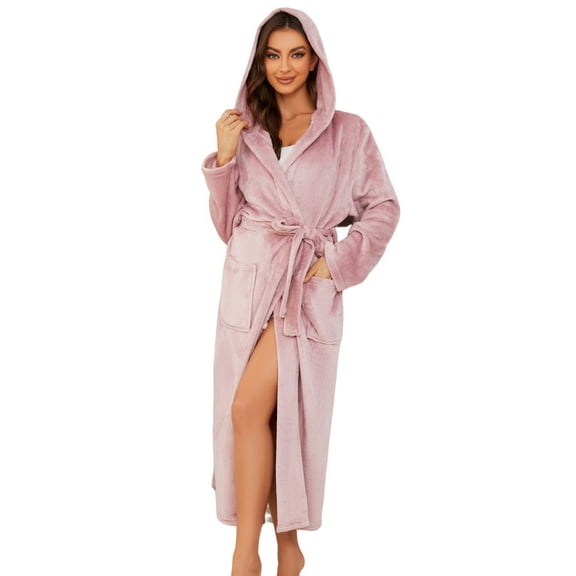 Heartnice Womens Long Hooded Fleece Robe, Soft Warm Spa Bathrobe for Cozy Lightweight Loungewear (Dusty Pink,  L/XL)