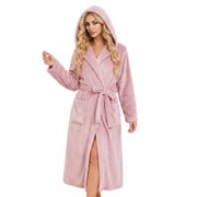 Heartnice Womens Long Hooded Fleece Robe, Soft Warm Spa Bathrobe for Cozy Lightweight Loungewear Dusty Pink, L/XL