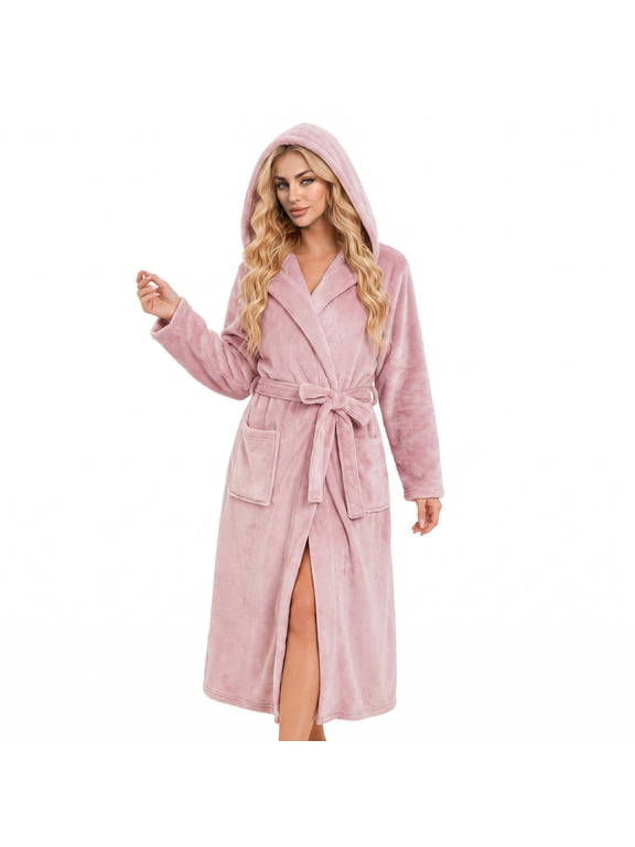 Womens Long Hooded Fleece Robe, Soft Warm Spa Bathrobe for Cozy Lightweight Loungewear (Dusty Pink, L/XL)