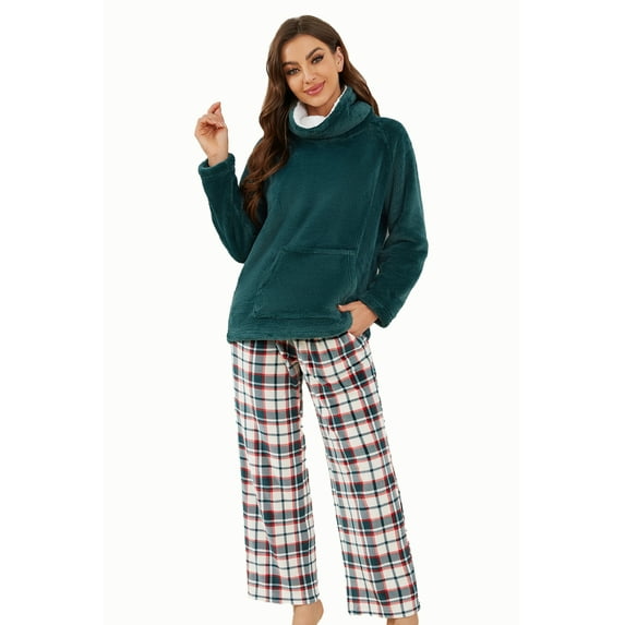 Heartnice Womens Ultra Soft Plush Plaid Pajamas Set Fluffy Loungewear Fuzzy Pjs for Women Cozy Sleepwear Warm Pullover(Dark Green+Green White Plaid, M)