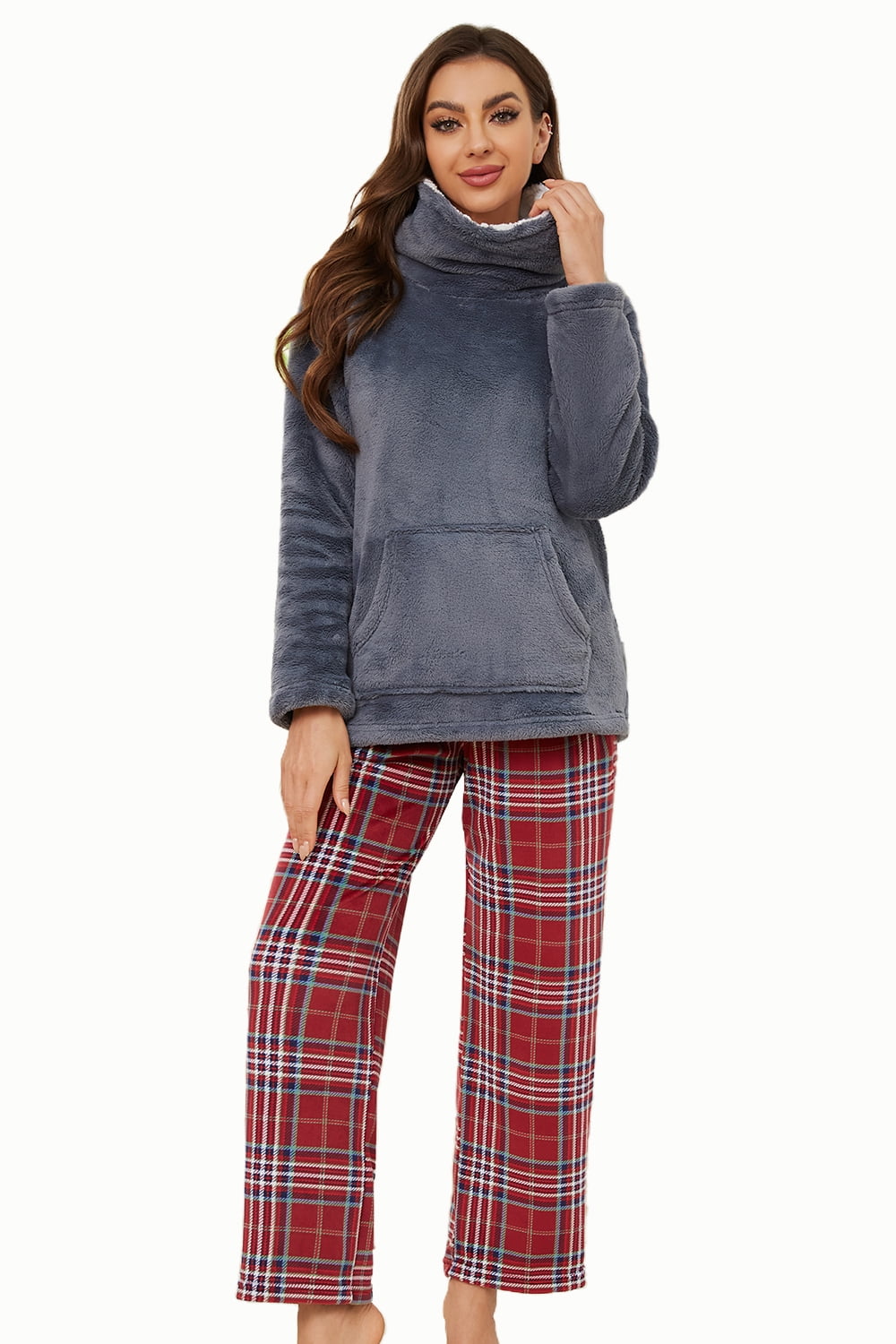 Dazeni Plus Size Fluffy Pajamas For Women Set Warm Winter Flannel Lounge Outfits 2 Piece Comfy Fuzzy Fleece Long Sleeve Tops Straight Leg Pjs Bottom