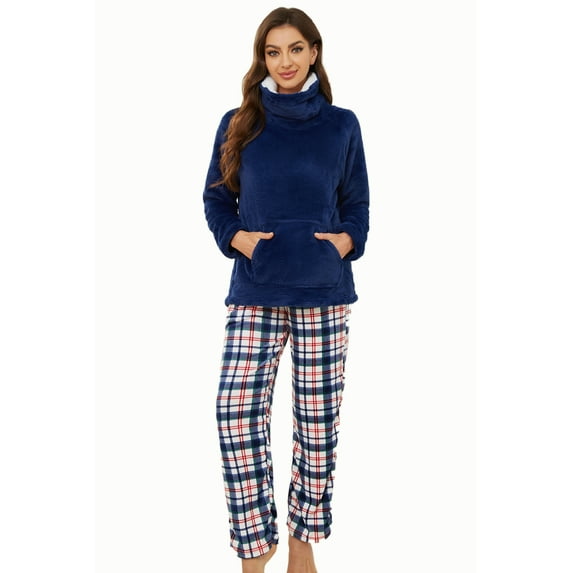 Heartnice Womens Ultra Soft Plush Plaid Pajamas Set Fluffy Loungewear Fuzzy Pjs for Women Cozy Sleepwear Warm Pullover(Navy+Navy White Plaid, 2XL)