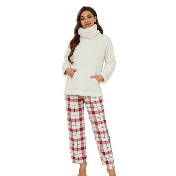 Heartnice Womens Ultra Soft Plush Plaid Pajamas Set Fluffy Loungewear Fuzzy Pjs for Women Cozy Sleepwear Warm Pullover(White+Burgundy Blue Plaid, S)